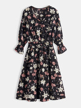 Long Sleeved V-neck Floral Print Chiffon Mini Dress